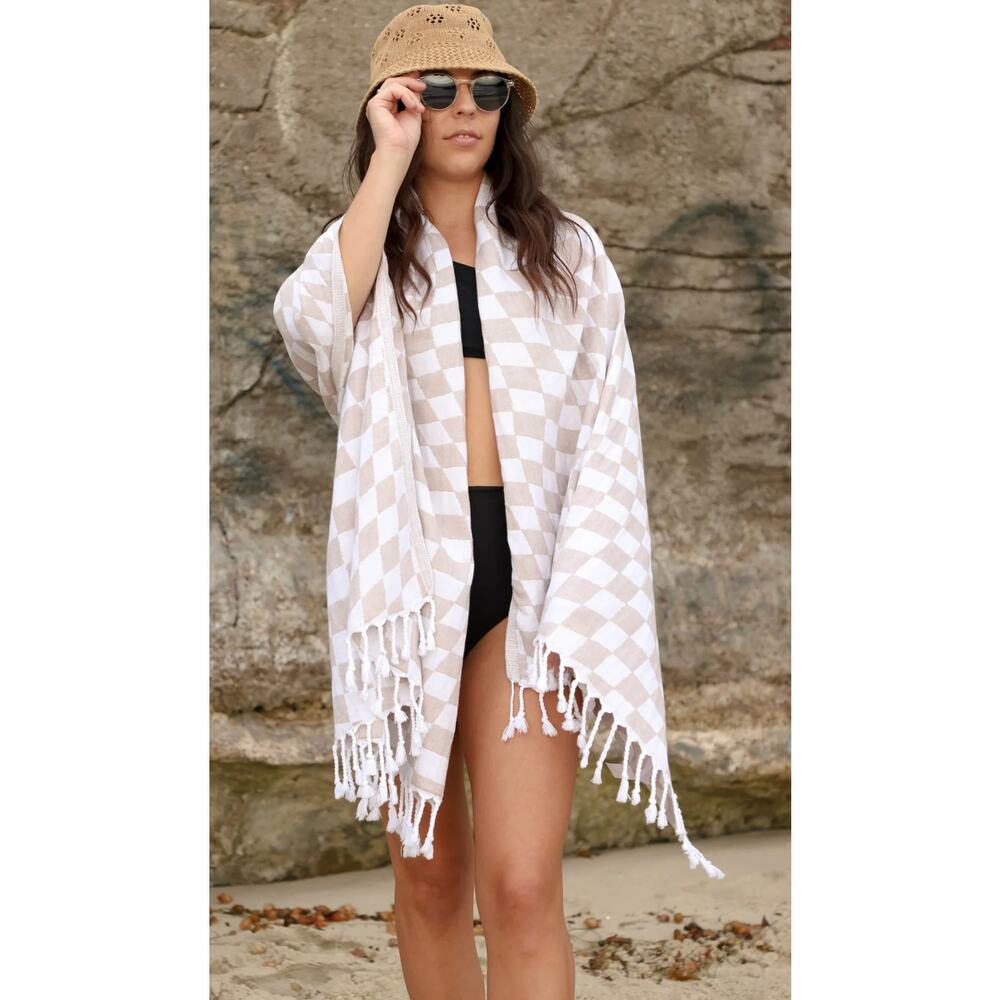Teema Organic Cotton Tan Checkmate Flat Woven Turkish Towel Bath Sheet New
